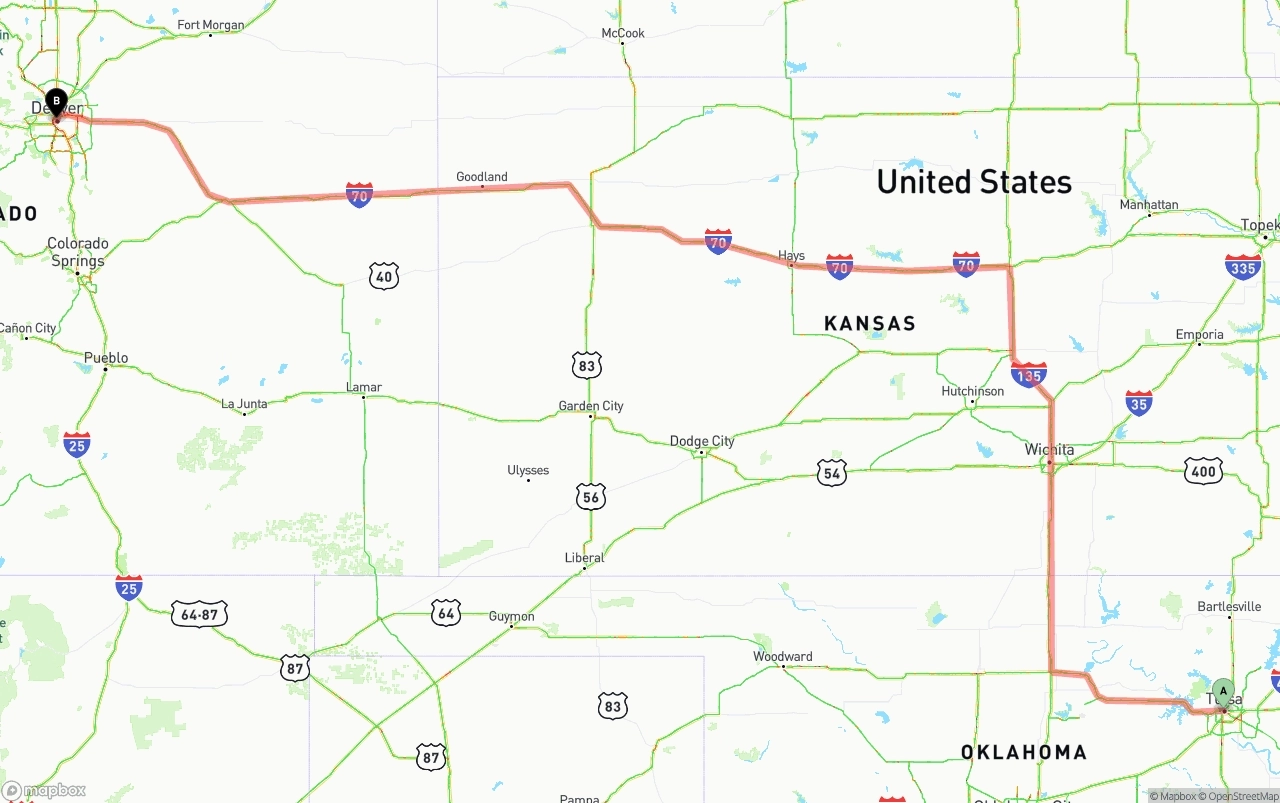 Shipping route from Tulsa to Denver