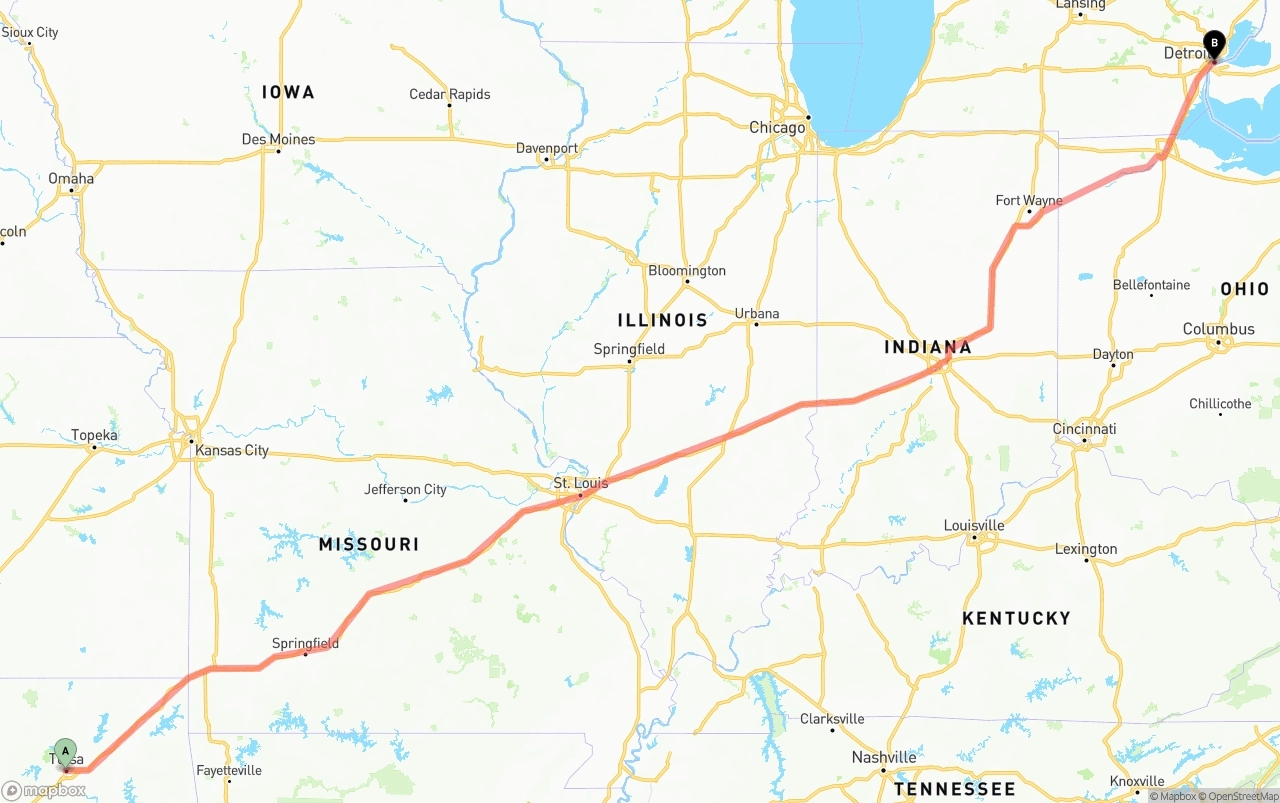 Shipping route from Tulsa to Detroit