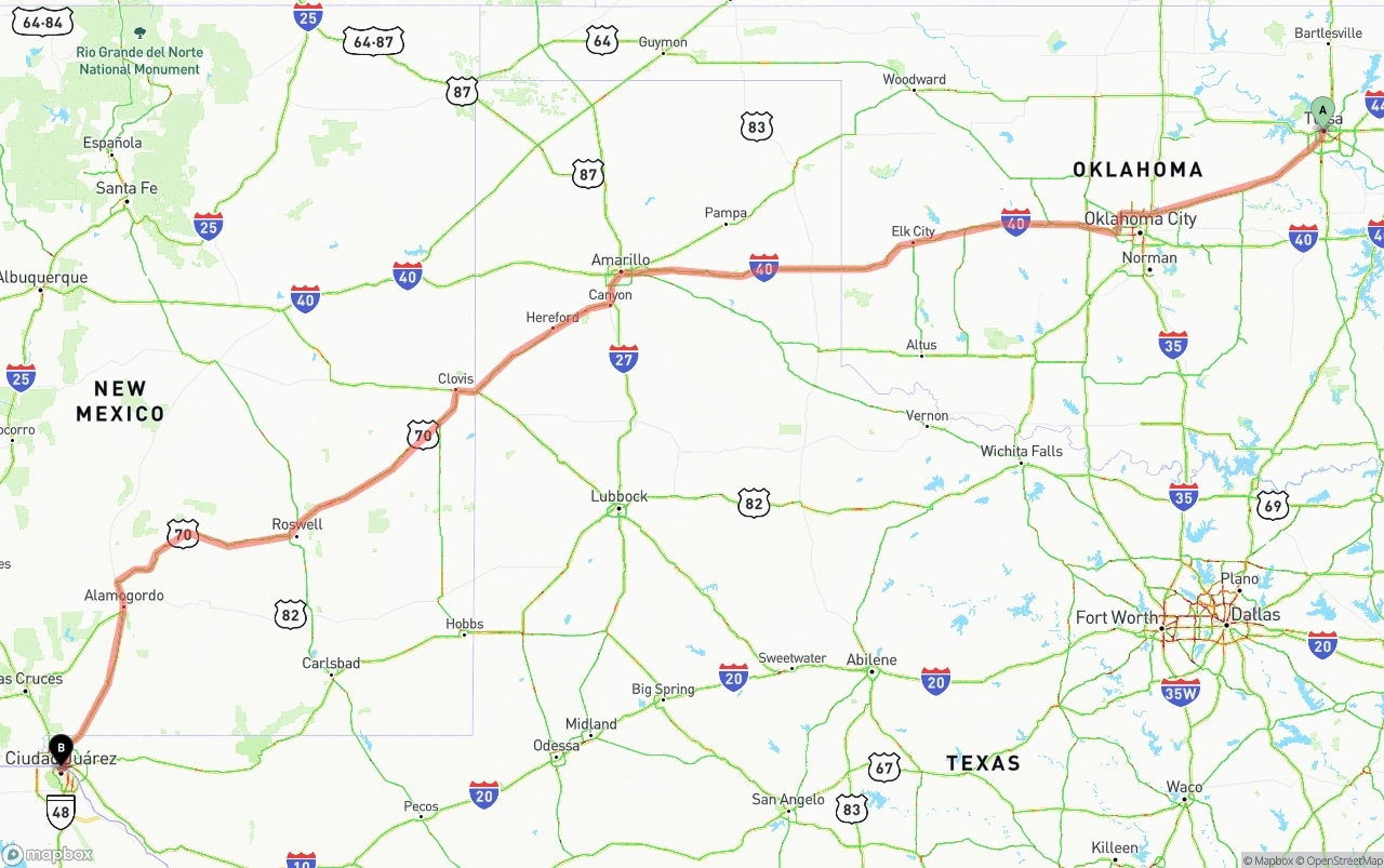 Shipping route from Tulsa to El Paso