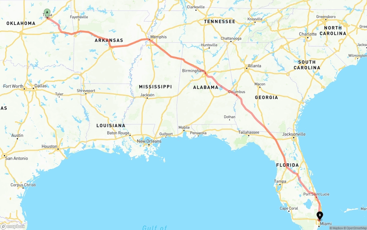 Shipping route from Tulsa to Fort Lauderdale-Hollywood International Airport
