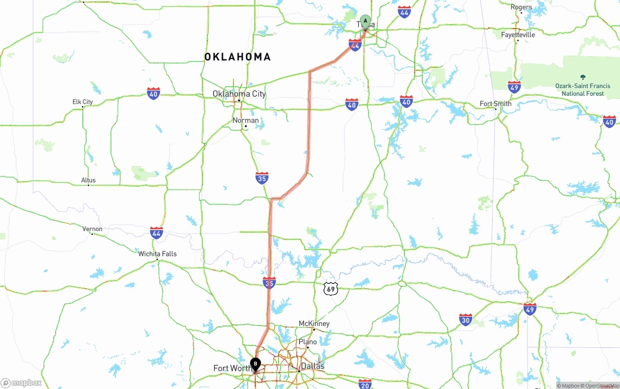Shipping route from Tulsa to Fort Worth