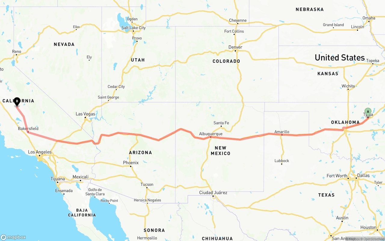 Shipping route from Tulsa to Fresno