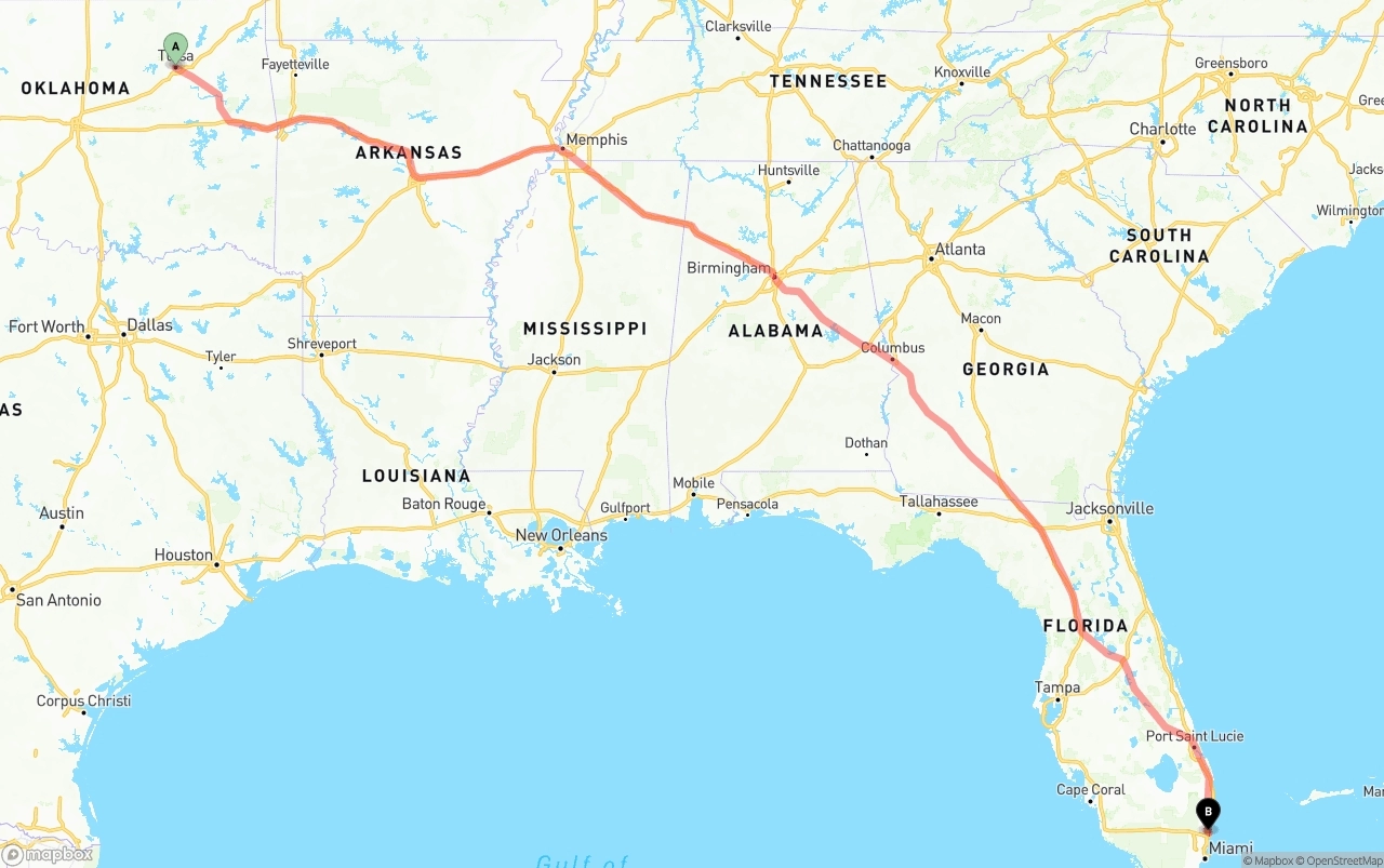 Shipping route from Tulsa to Ft. Lauderdale