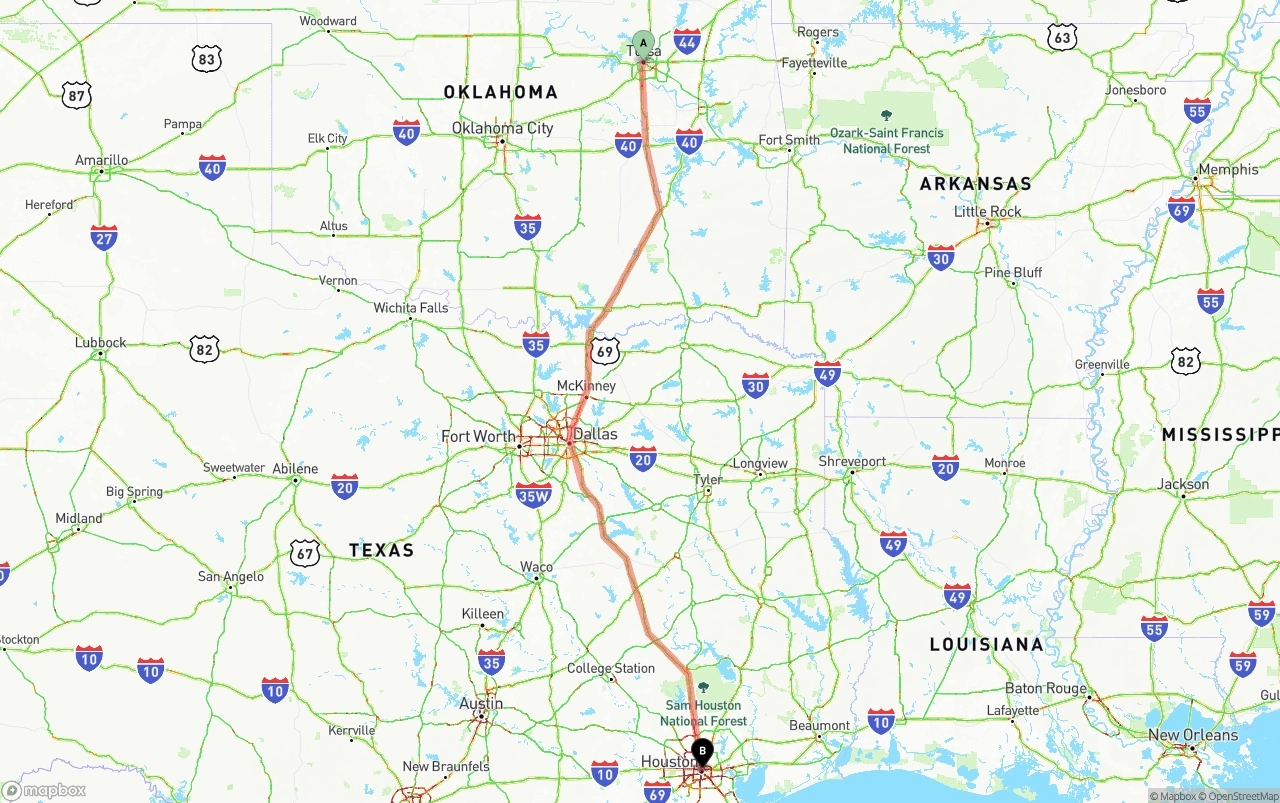 Shipping route from Tulsa to Houston