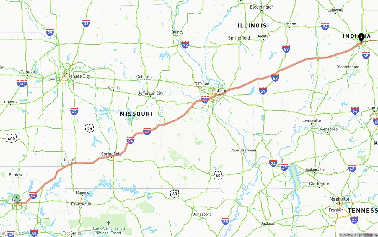 Shipping route from Tulsa to Indianapolis