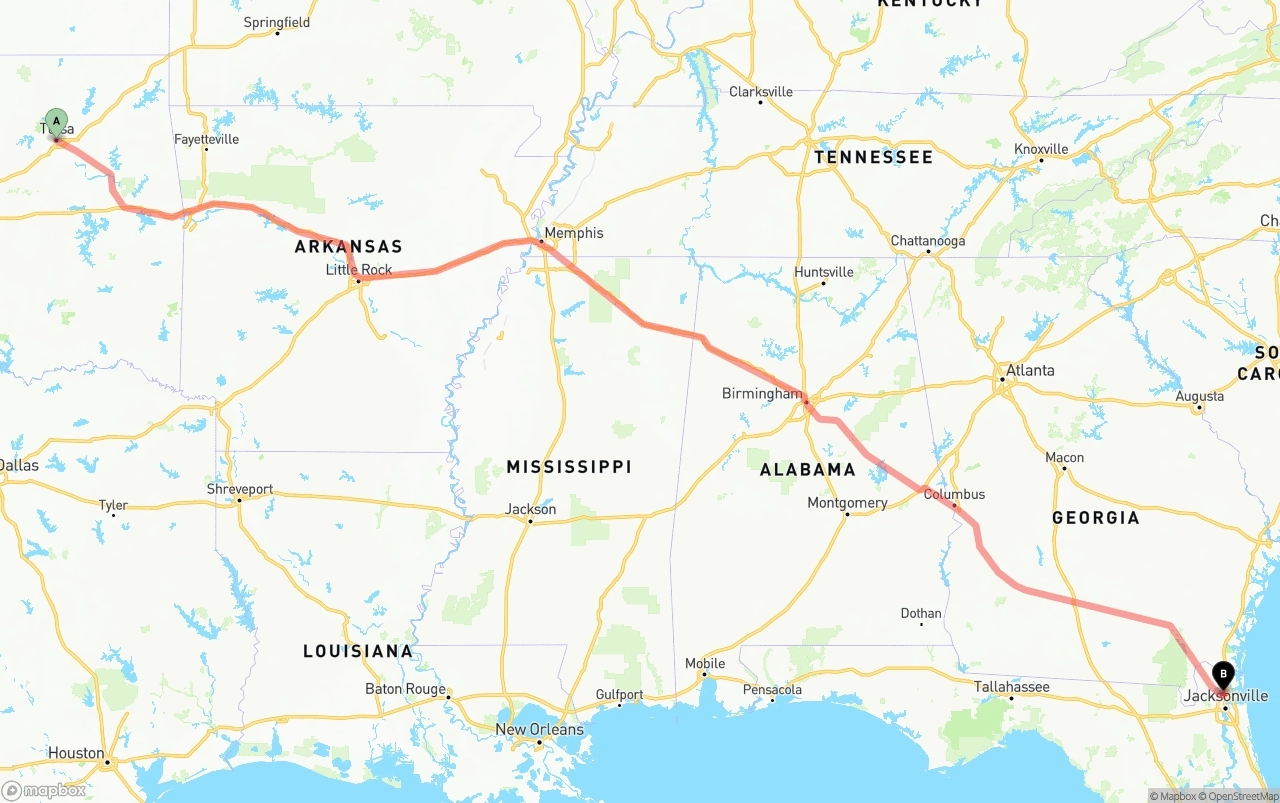 Shipping route from Tulsa to Jacksonville International Airport