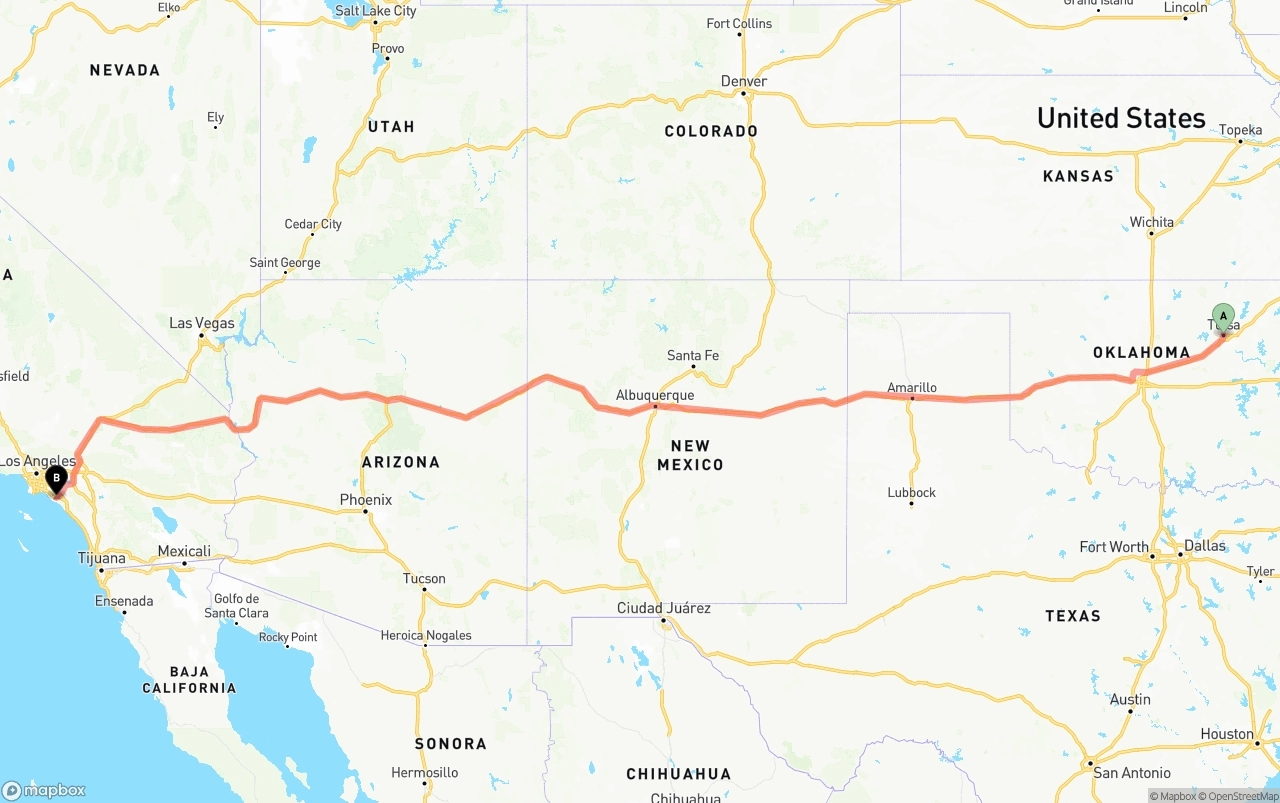 Shipping route from Tulsa to John Wayne Airport — Orange County