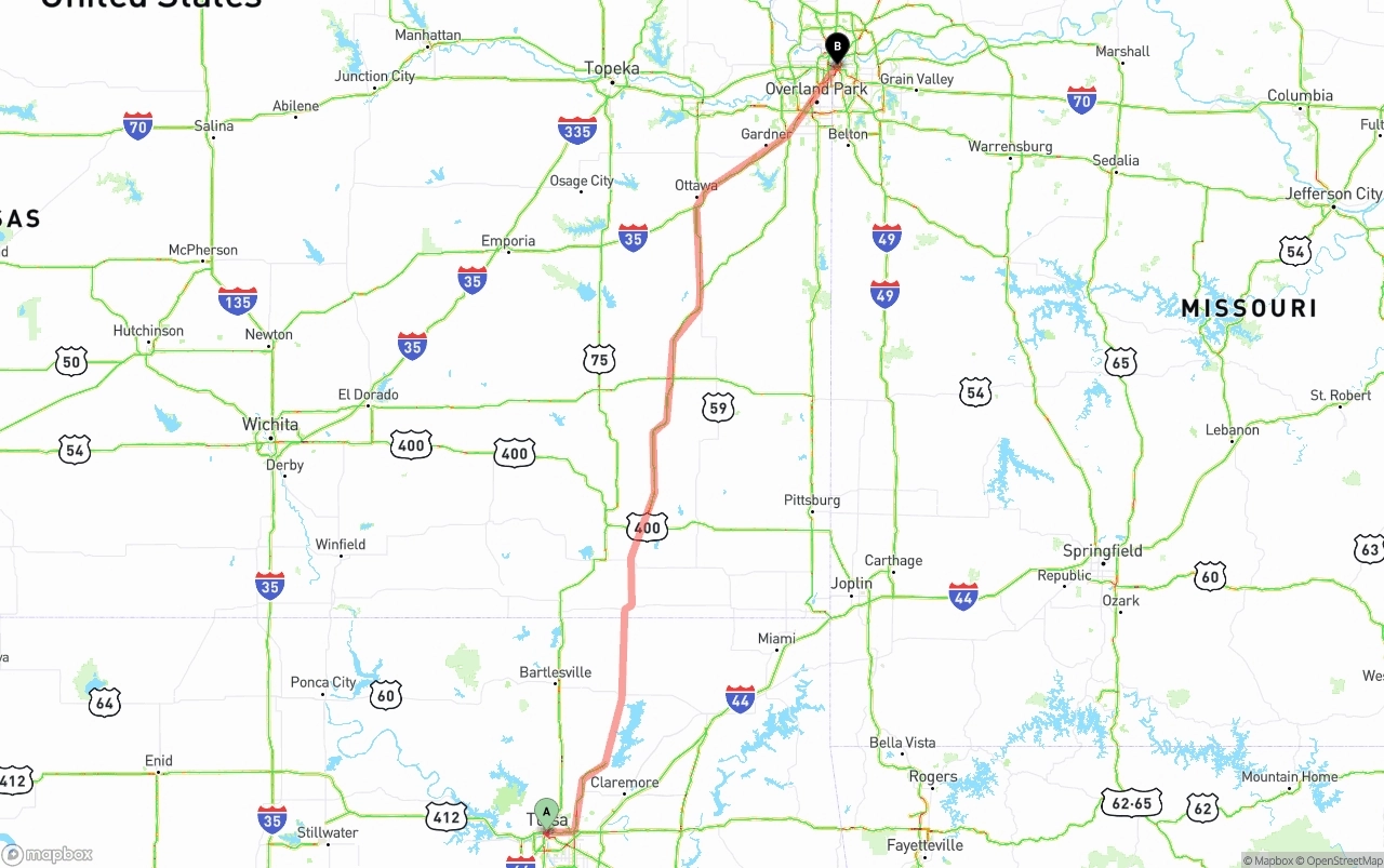 Shipping route from Tulsa to Kansas City