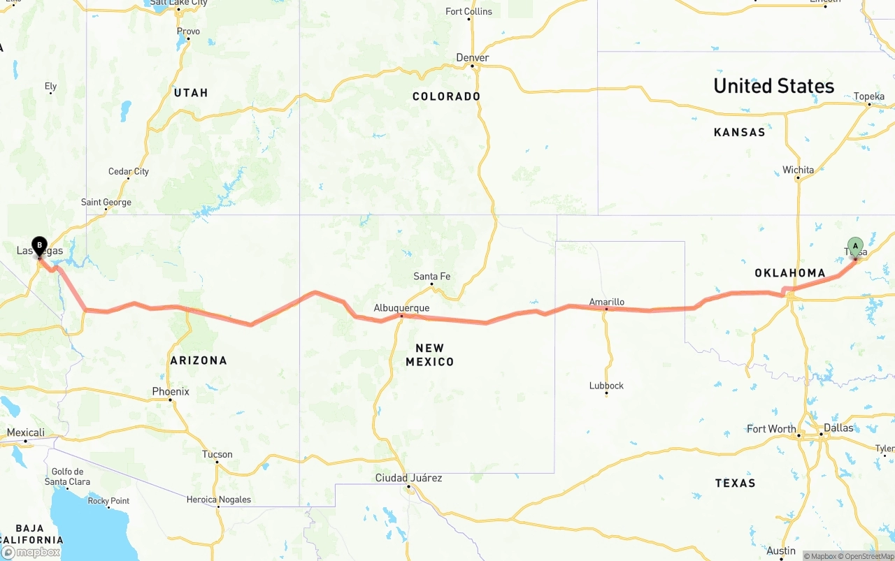 Shipping route from Tulsa to Las Vegas