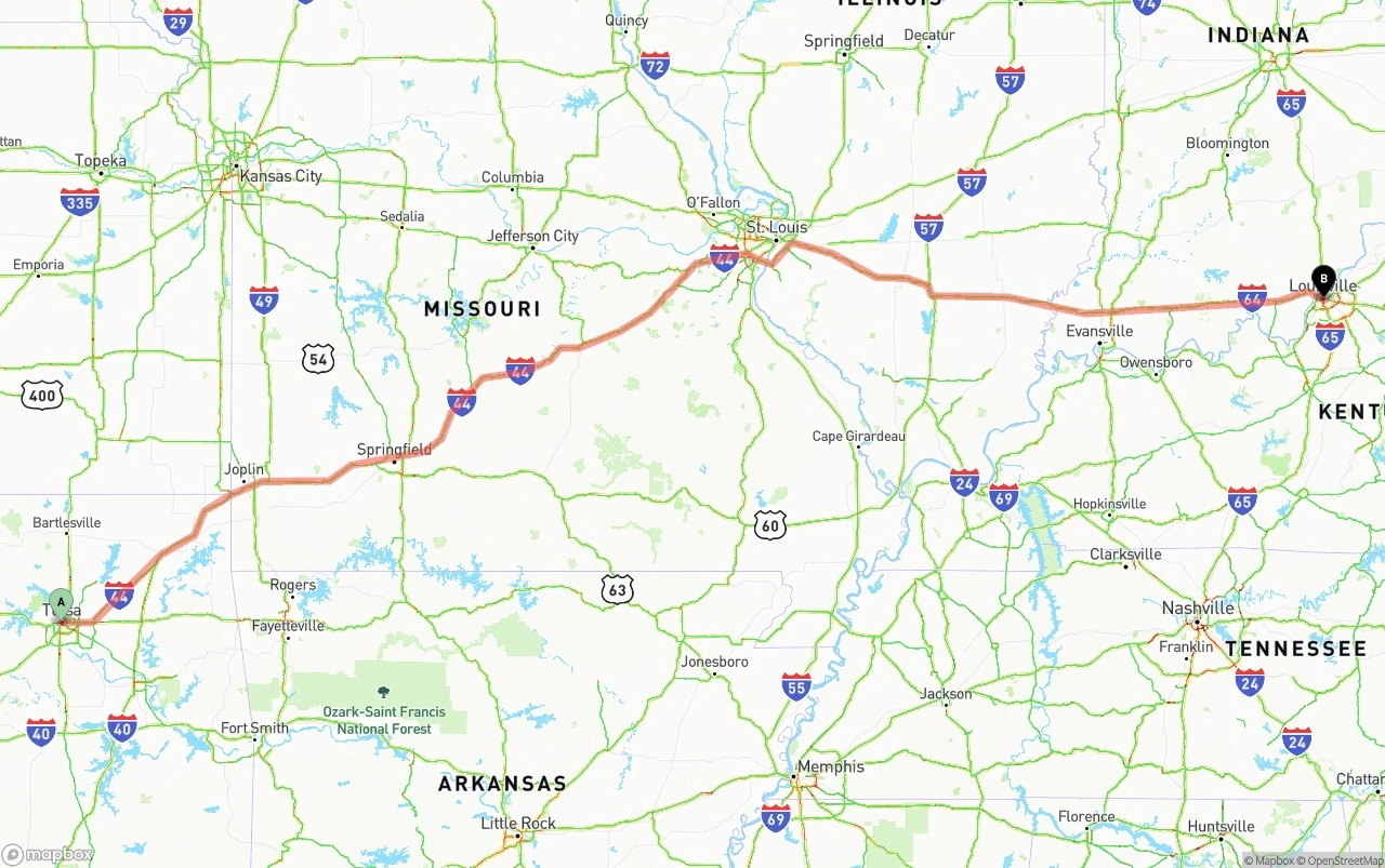 Shipping route from Tulsa to Louisville