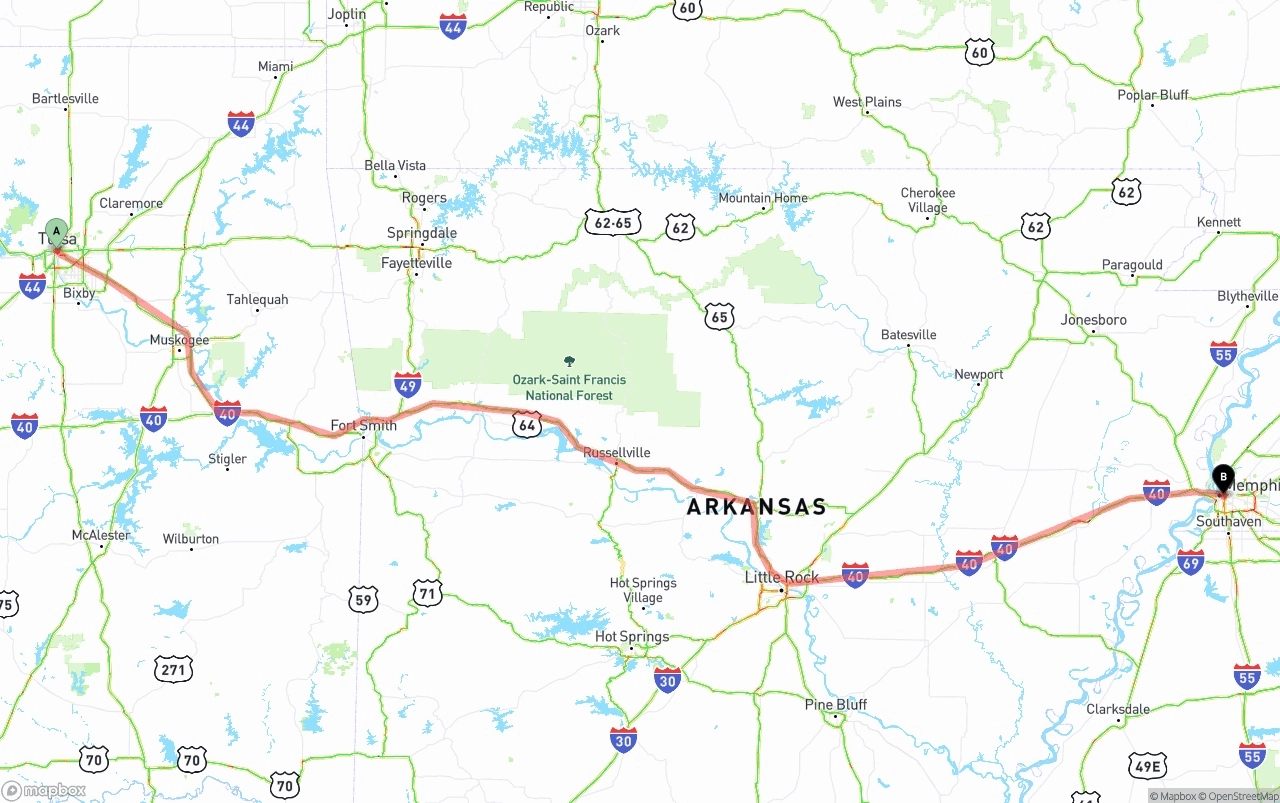 Shipping route from Tulsa to Memphis
