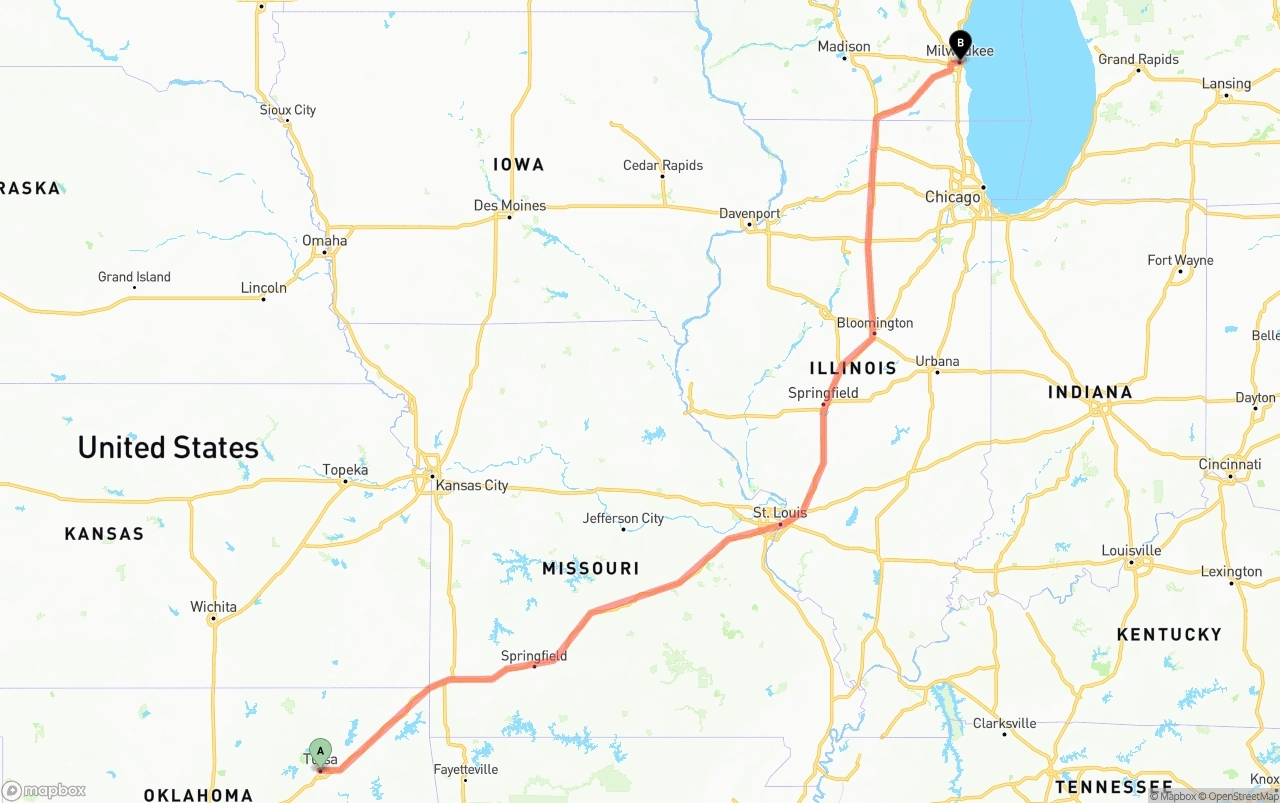 Shipping route from Tulsa to Milwaukee