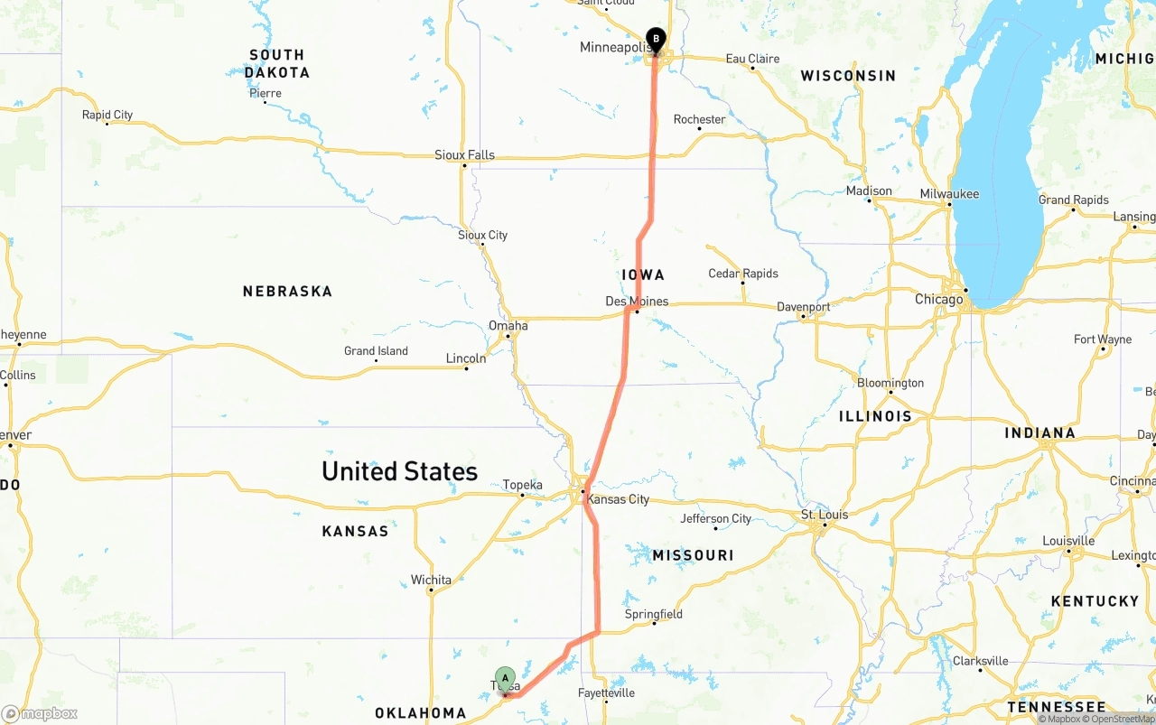 Shipping route from Tulsa to Minneapolis