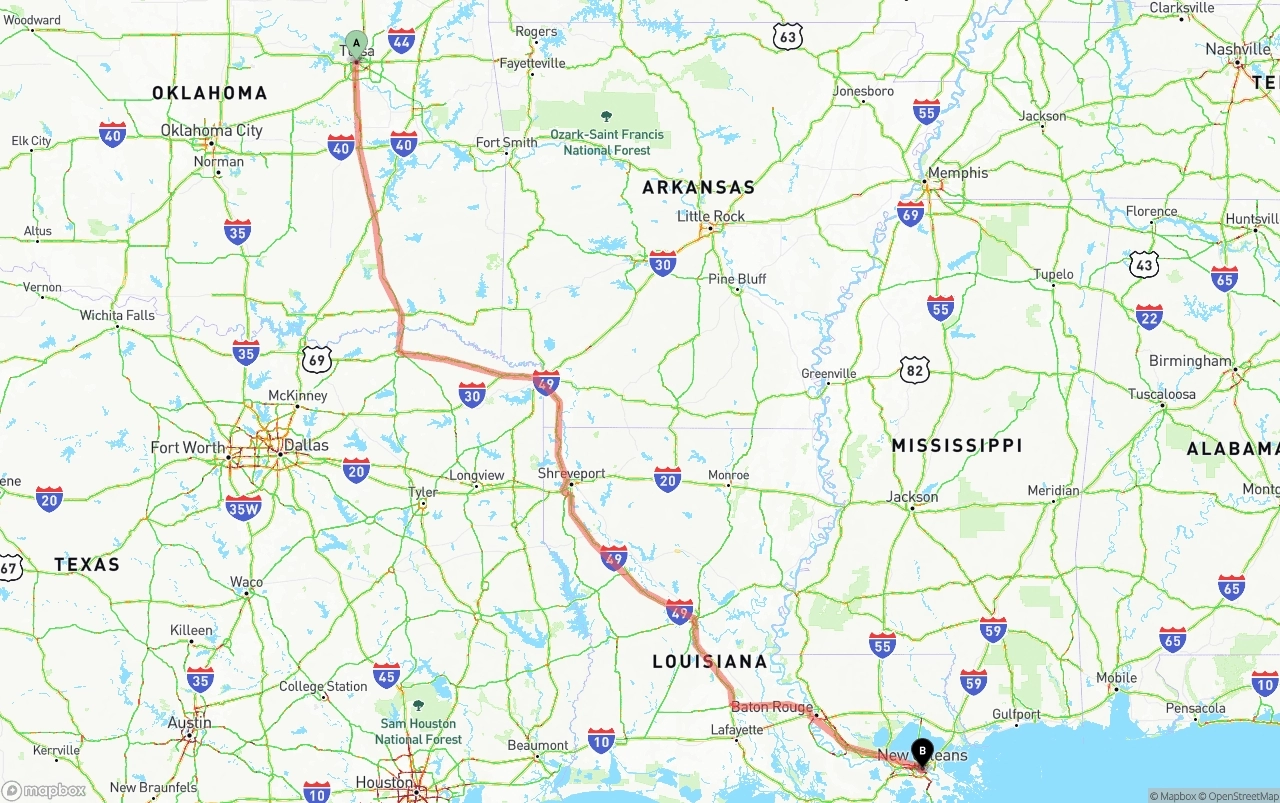 Shipping route from Tulsa to New Orleans
