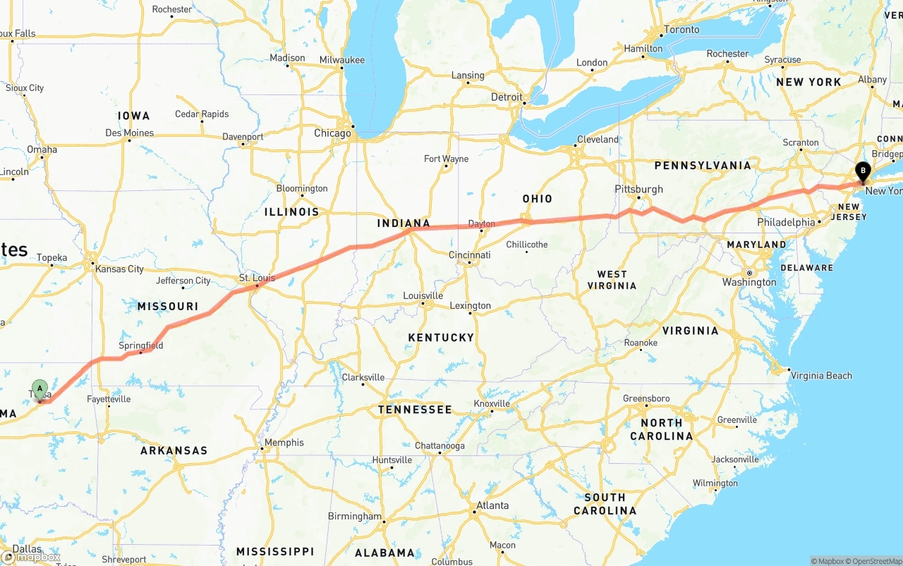 Shipping route from Tulsa to New York City