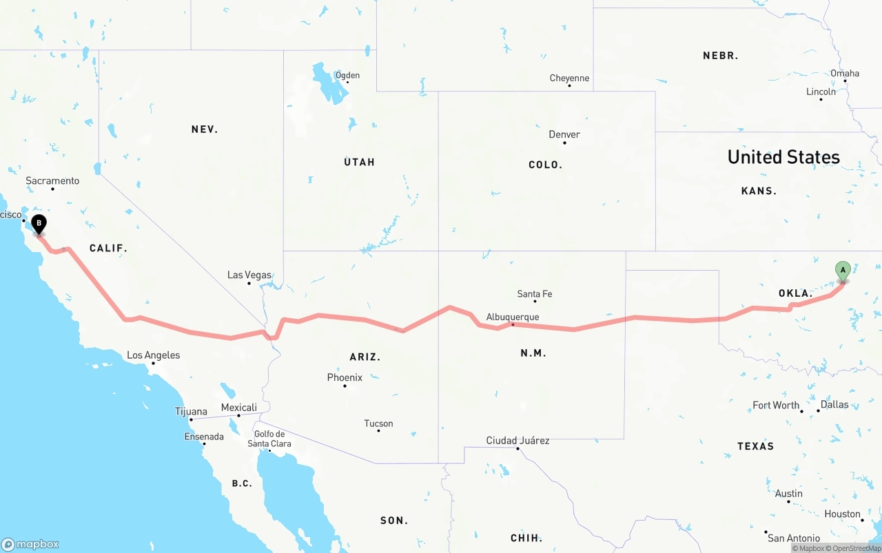 Shipping route from Tulsa to Norman Y. Mineta San Jose International Airport