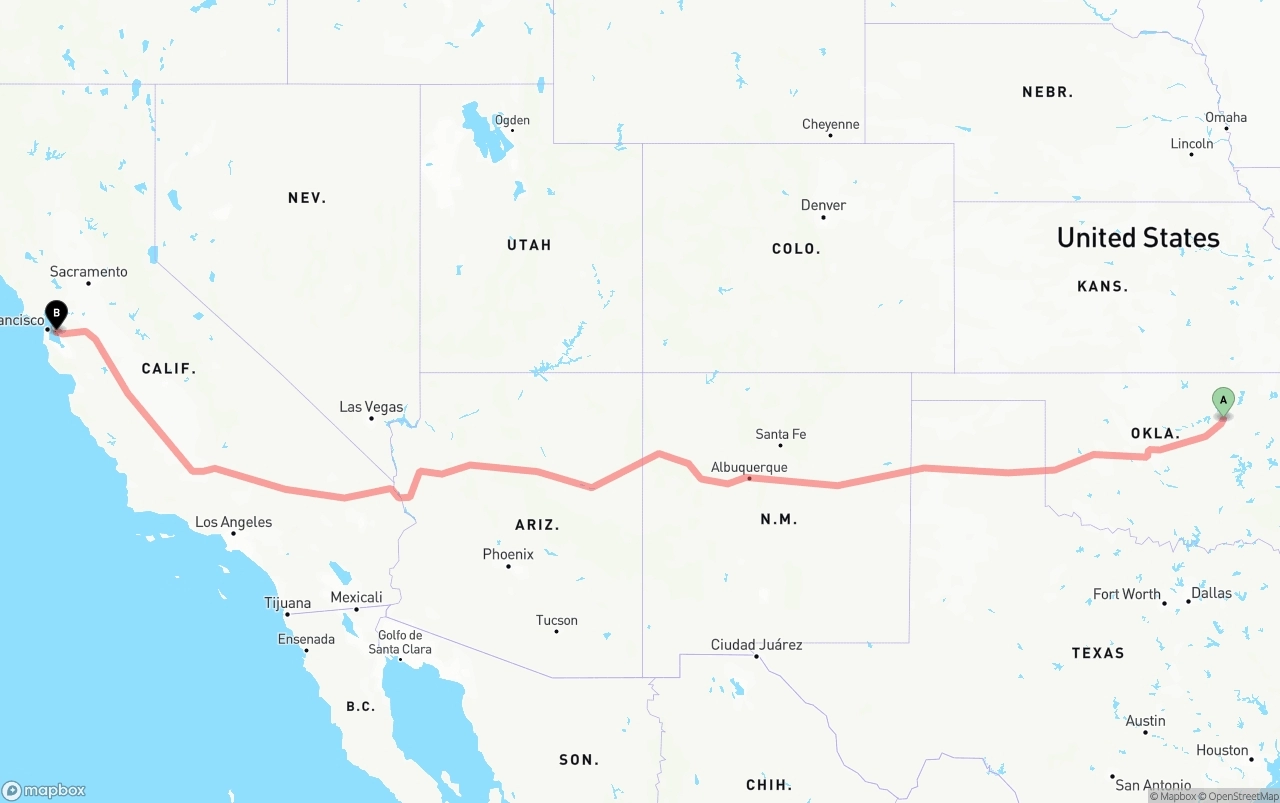 Shipping route from Tulsa to Oakland International Airport