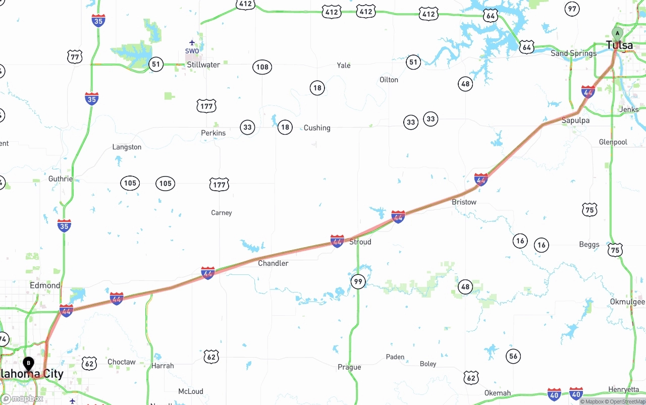 Shipping route from Tulsa to Oklahoma City