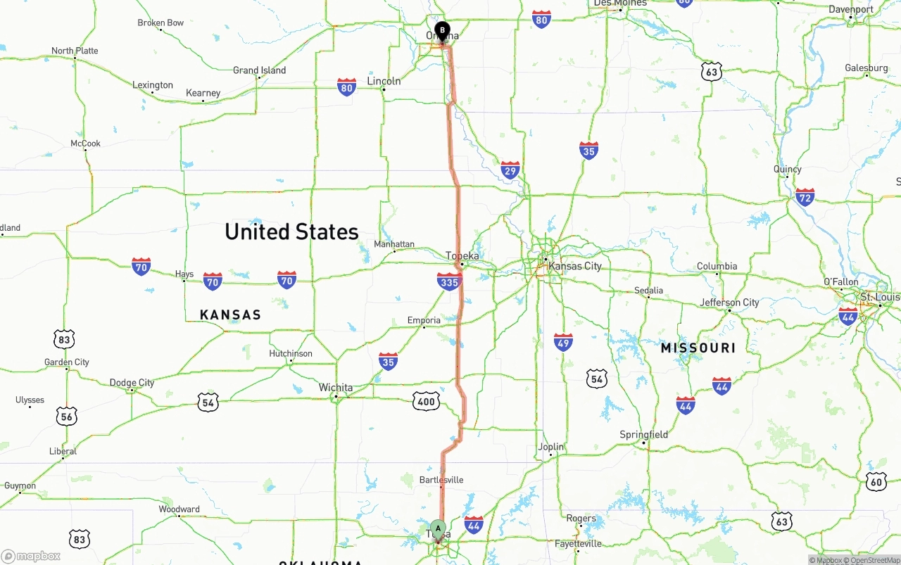 Shipping route from Tulsa to Omaha