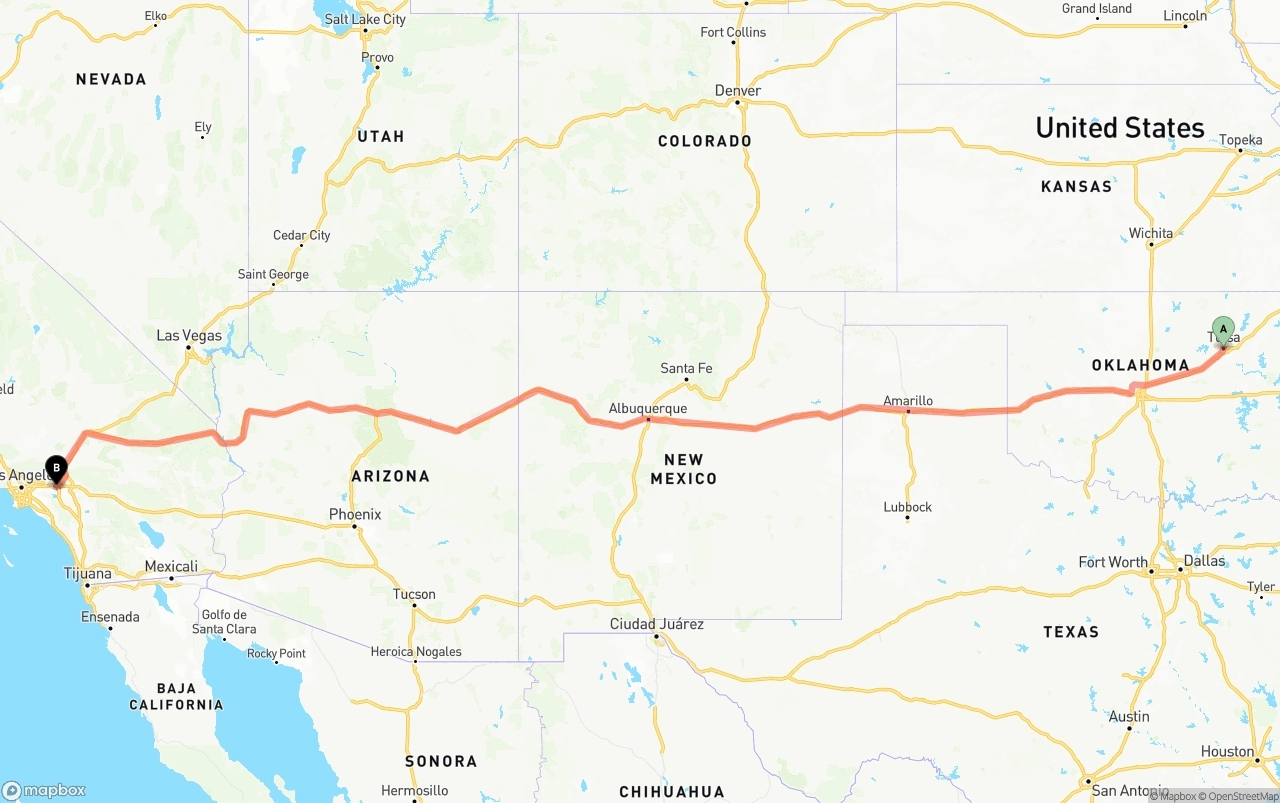 Shipping route from Tulsa to Ontario International Airport