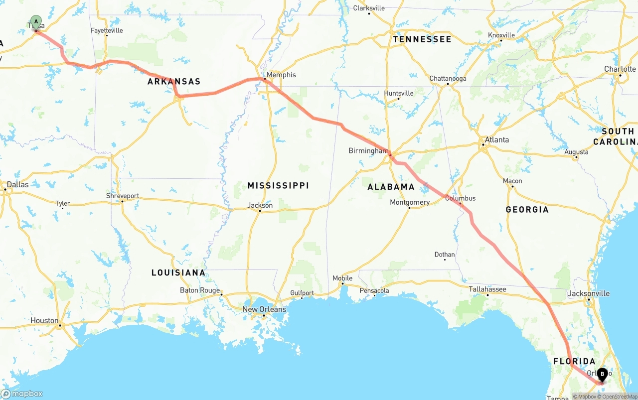 Shipping route from Tulsa to Orlando International Airport