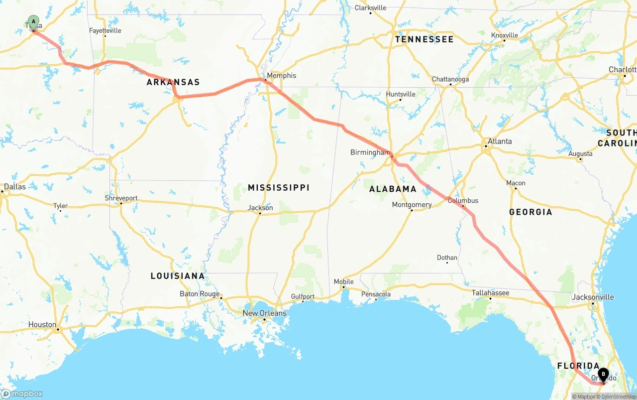 Shipping route from Tulsa to Orlando