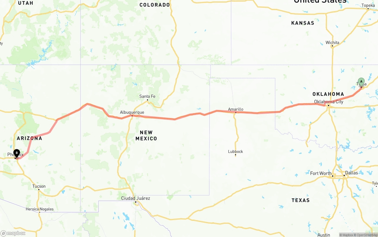 Shipping route from Tulsa to Phoenix Sky Harbor International Airport