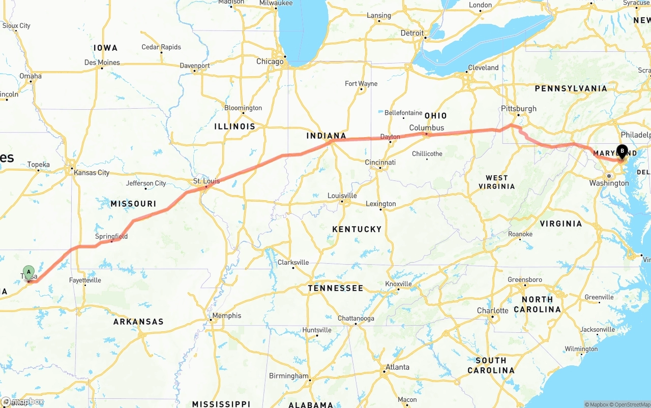 Shipping route from Tulsa to Port of Baltimore
