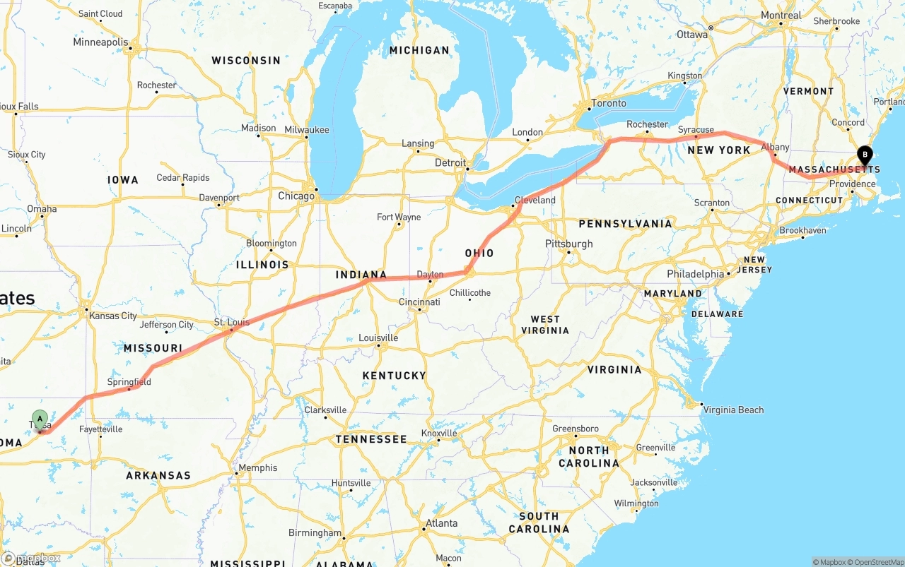 Shipping route from Tulsa to Port of Boston
