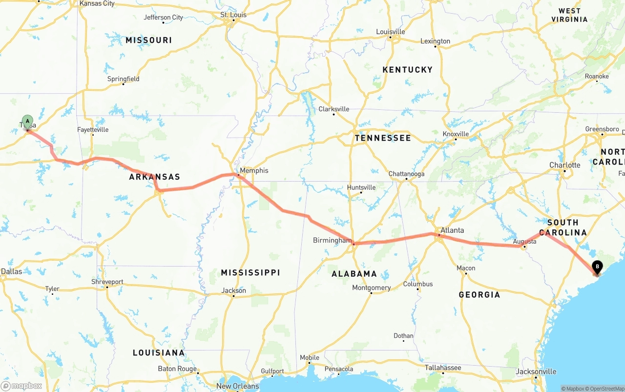 Shipping route from Tulsa to Port of Charleston