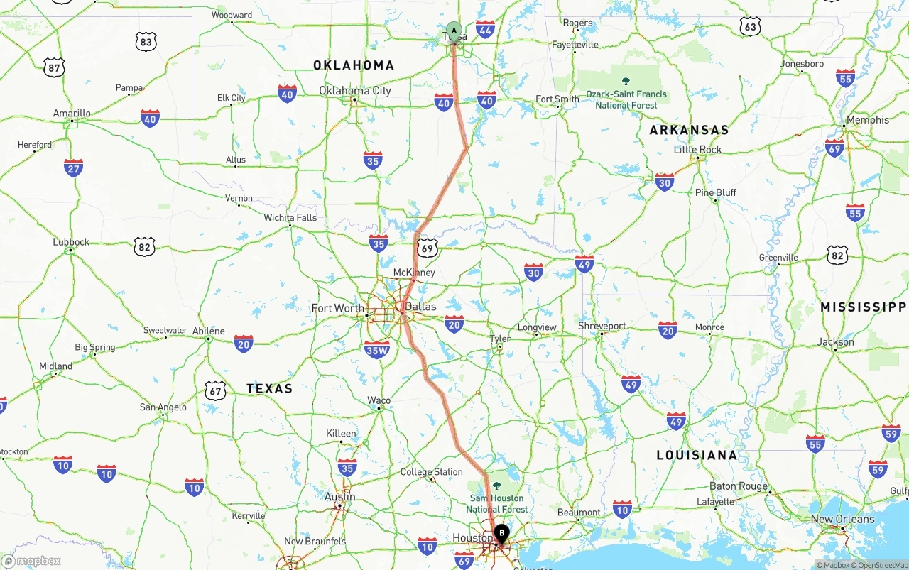 Shipping route from Tulsa to Port of Houston