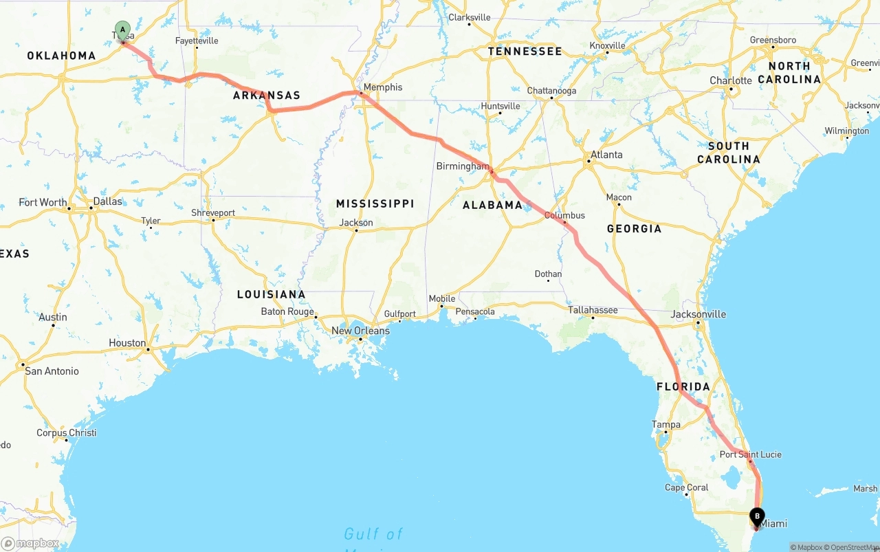 Shipping route from Tulsa to Port of Miami