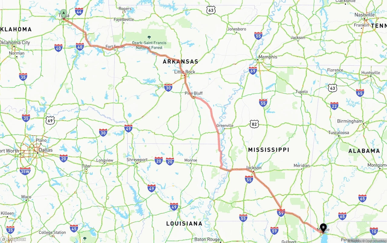 Shipping route from Tulsa to Port of Mobile