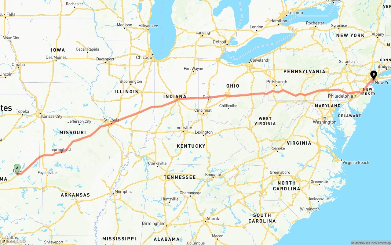 Shipping route from Tulsa to Port of New York
