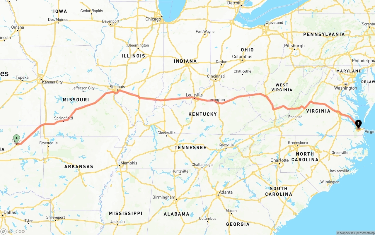 Shipping route from Tulsa to Port of Norfolk