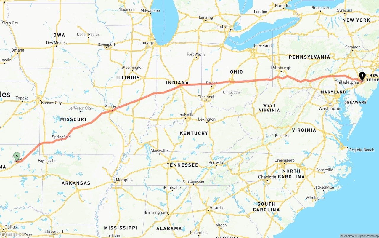 Shipping route from Tulsa to Port of Philadelphia