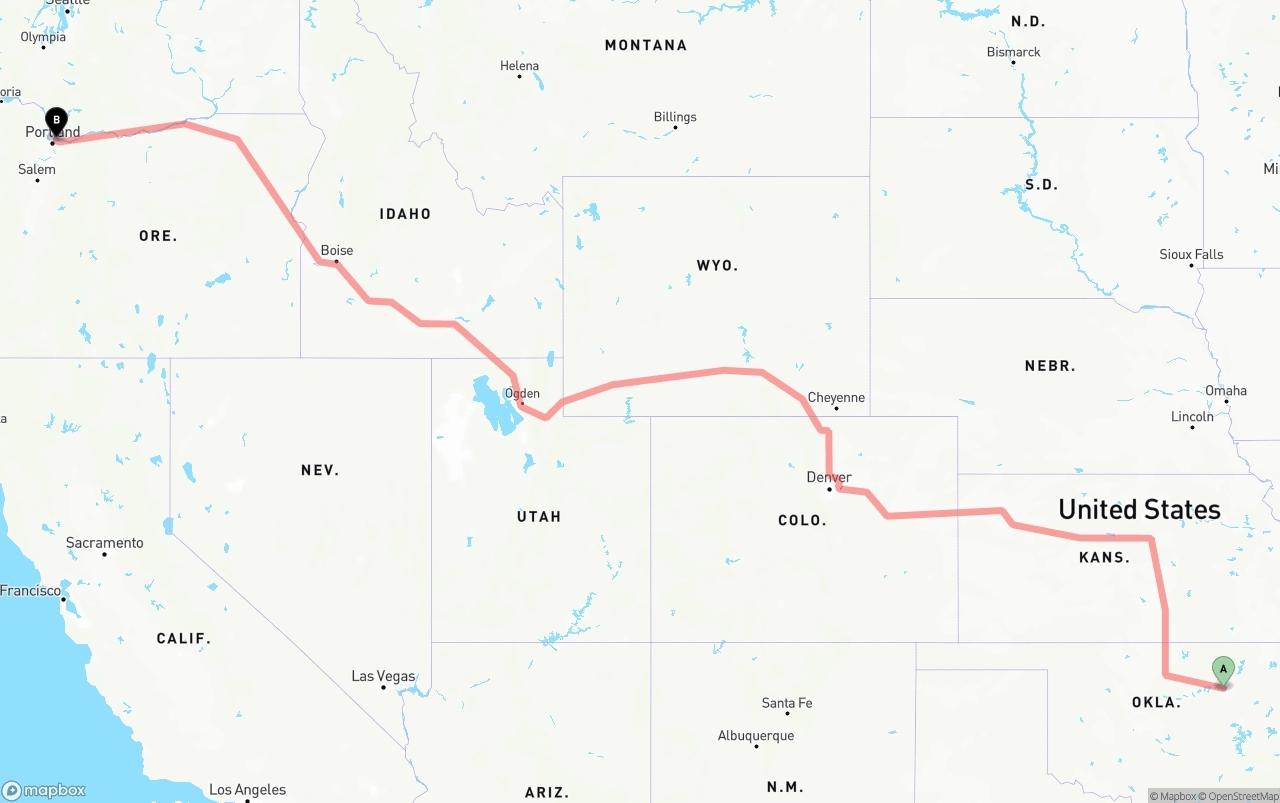 Shipping route from Tulsa to Port of Portland