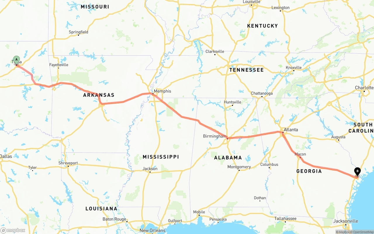 Shipping route from Tulsa to Port of Savannah