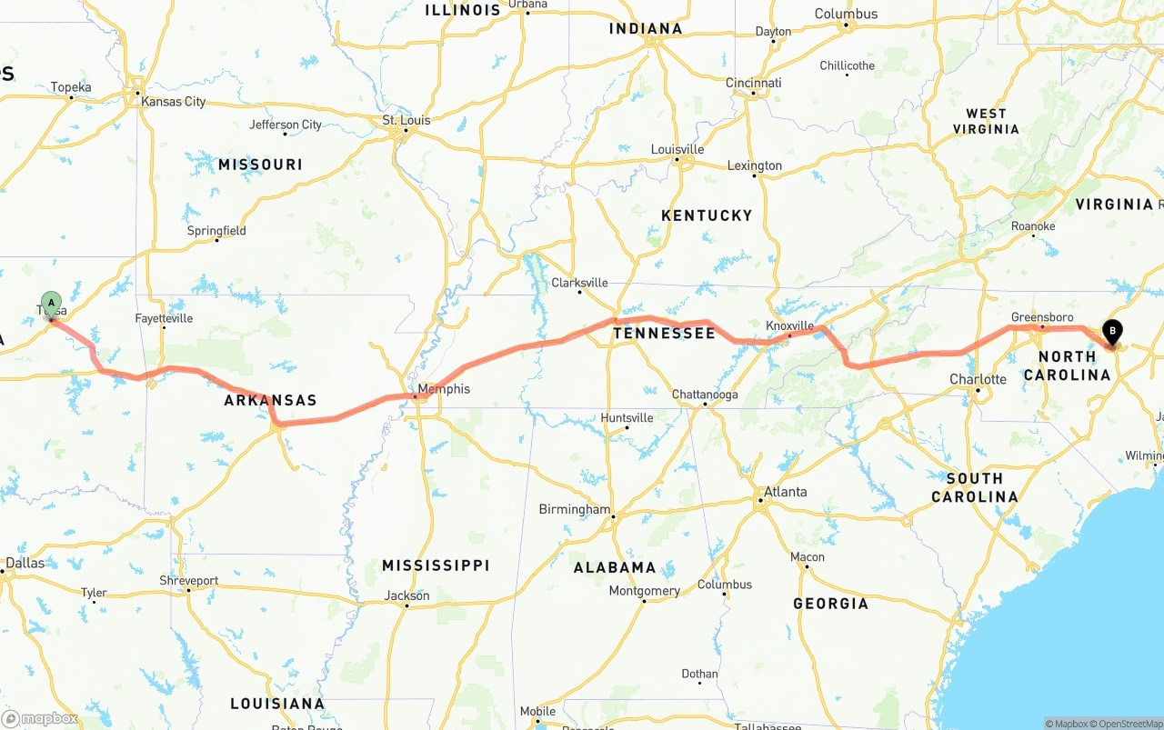 Shipping route from Tulsa to Raleigh