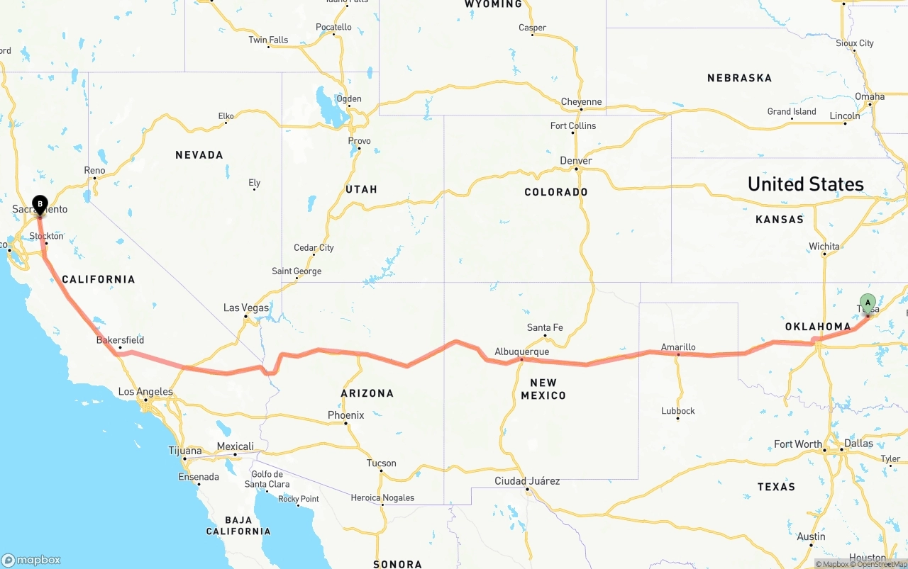 Shipping route from Tulsa to Sacramento