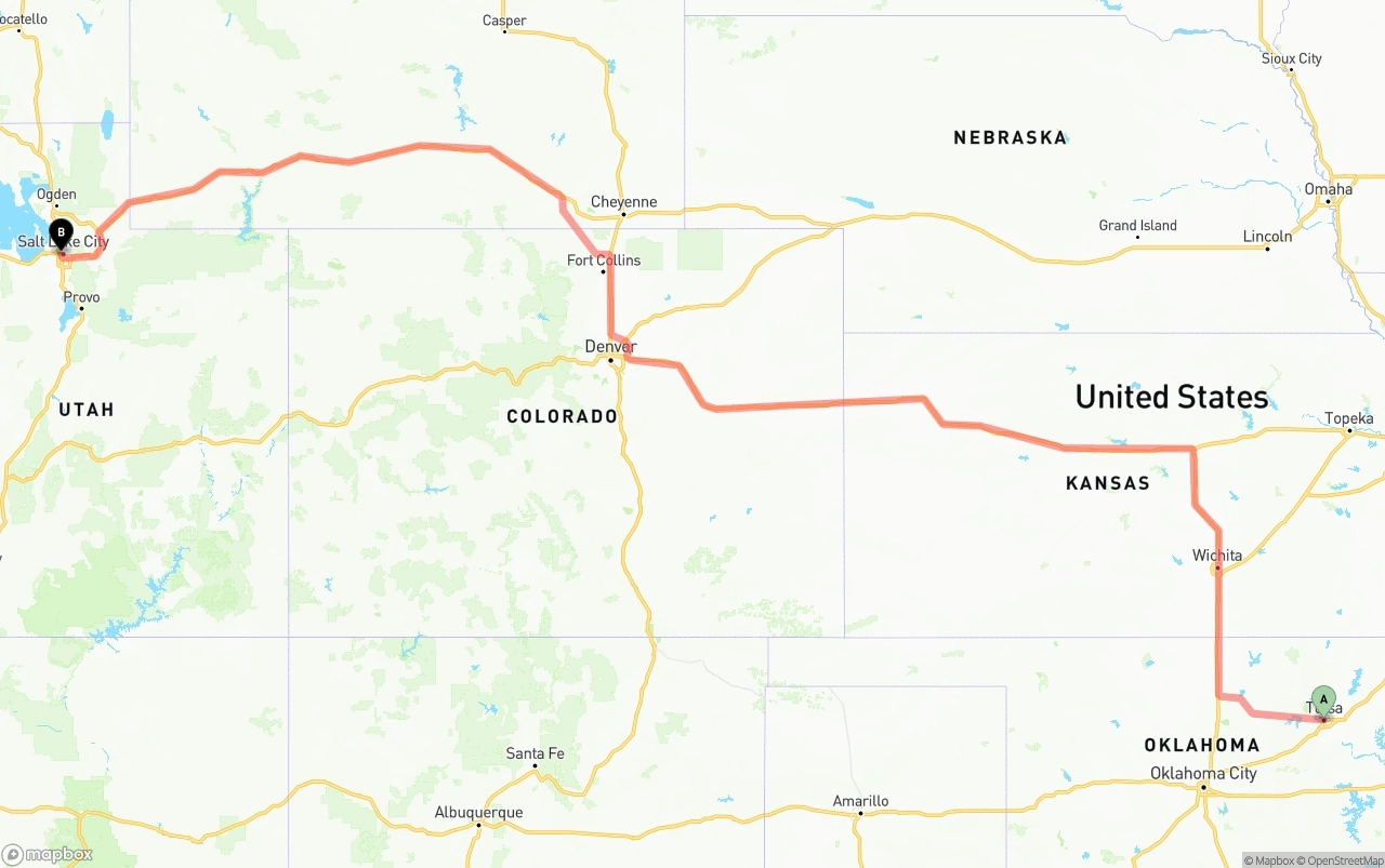 Shipping route from Tulsa to Salt Lake City