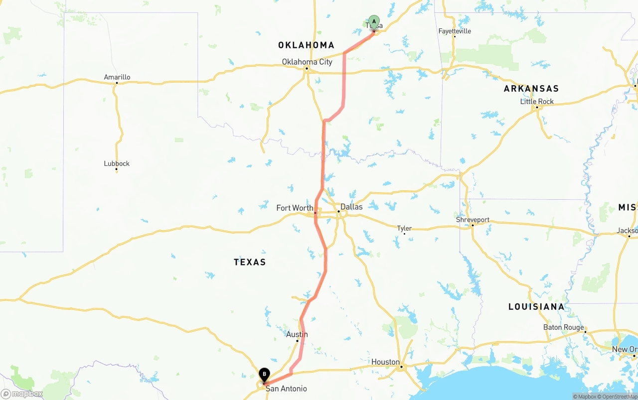 Shipping route from Tulsa to San Antonio