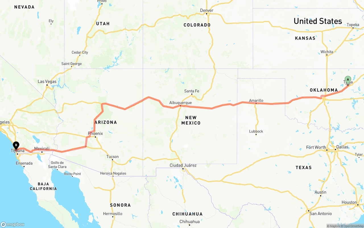 Shipping route from Tulsa to San Diego