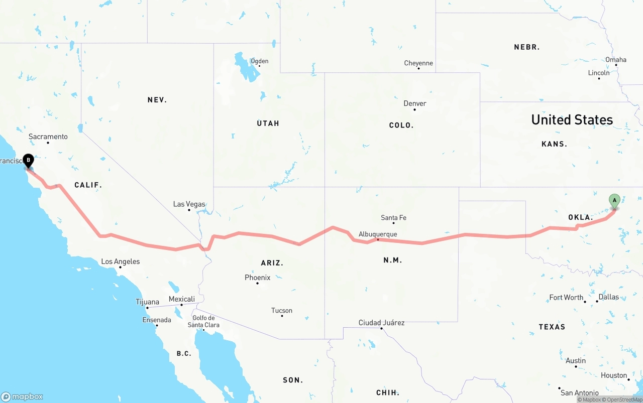 Shipping route from Tulsa to San Francisco International Airport