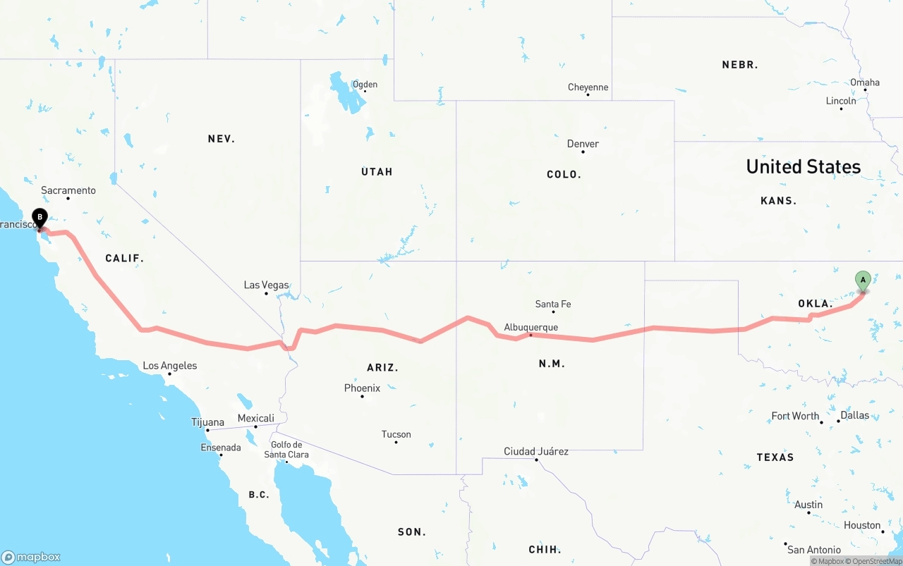 Shipping route from Tulsa to San Francisco