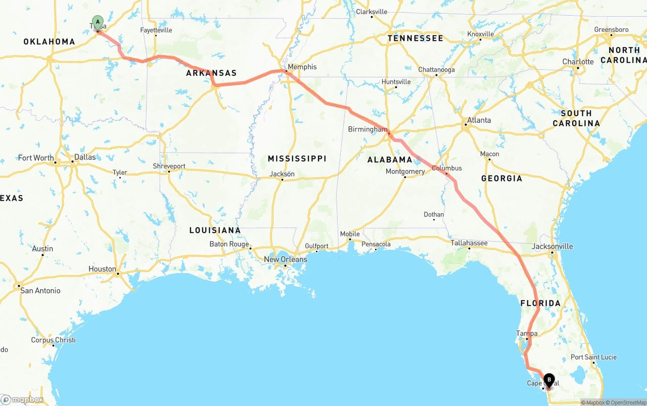 Shipping route from Tulsa to Southwest Florida International Airport