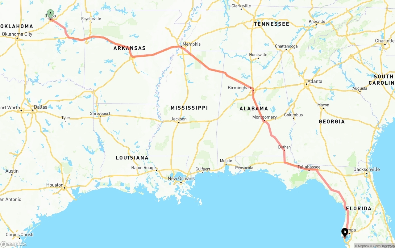 Shipping route from Tulsa to St. Petersburg