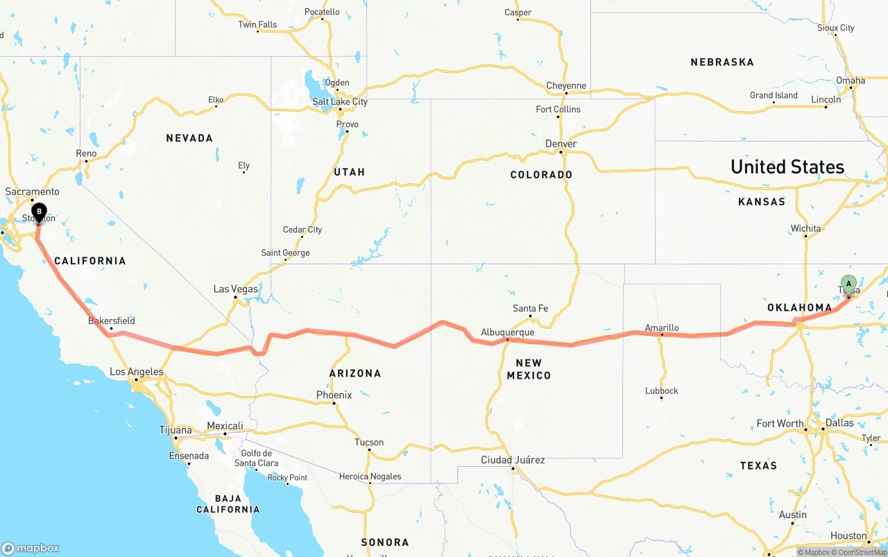 Shipping route from Tulsa to Stockton