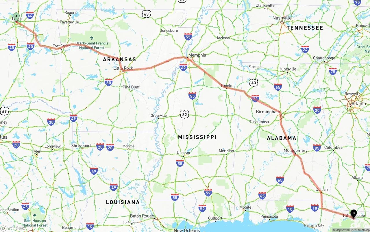 Shipping route from Tulsa to Tallahassee