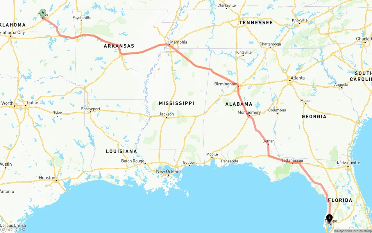 Shipping route from Tulsa to Tampa International Airport